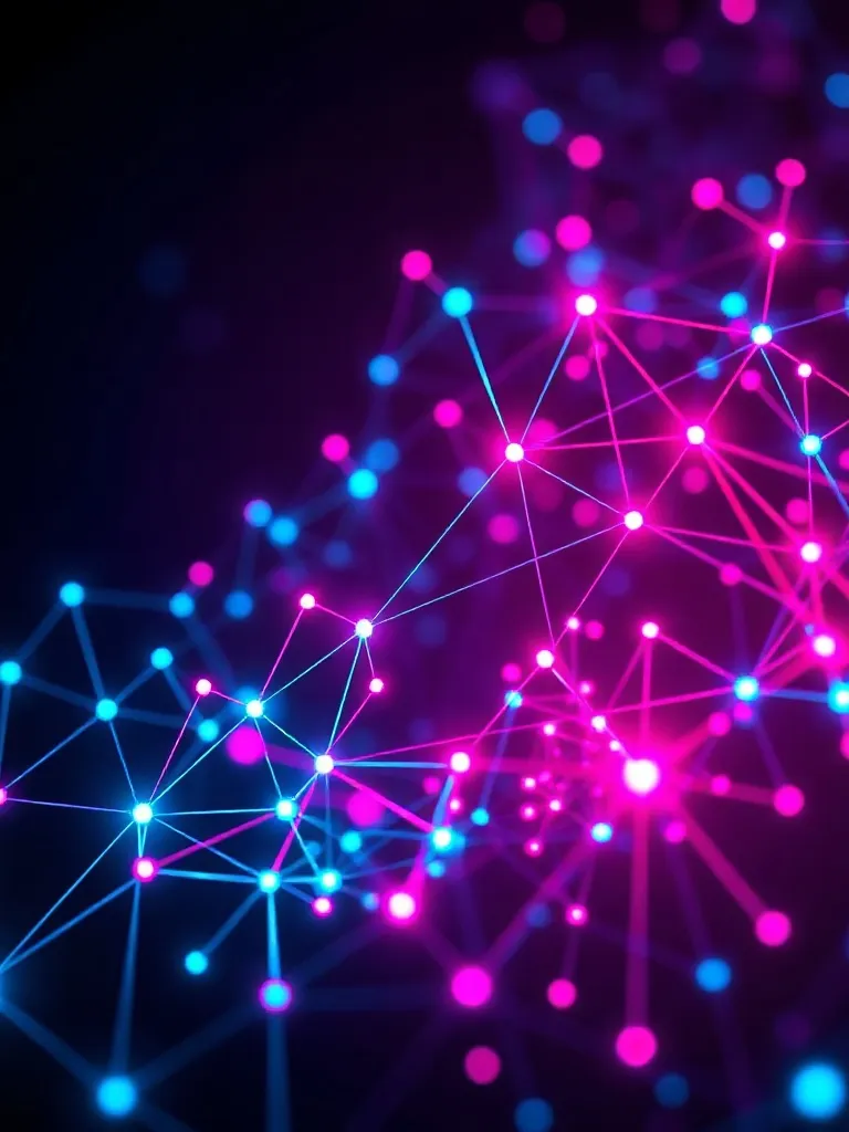 A 3D map of interconnected nodes and data points, glowing cy