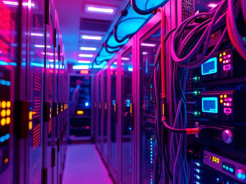 Futuristic server room with magenta and cyan lighting, cable