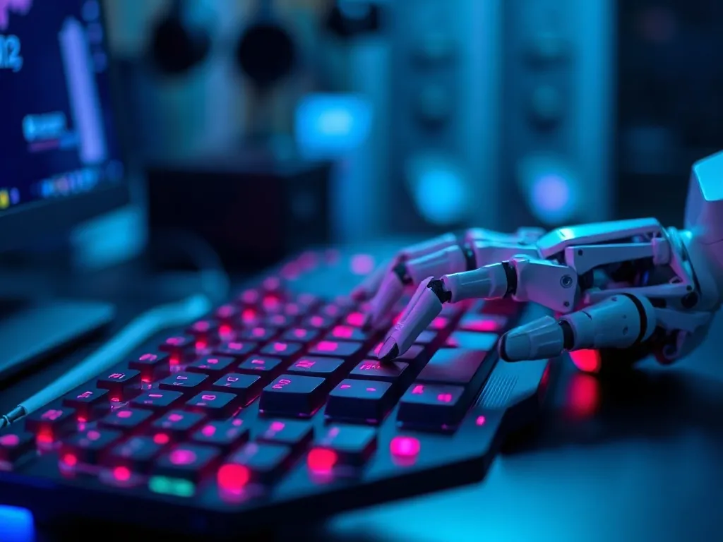 Close up of a robotic arm typing on a futuristic keyboard, b