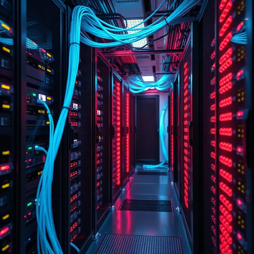 High-tech server room with glowing cyan and magenta fiber op
