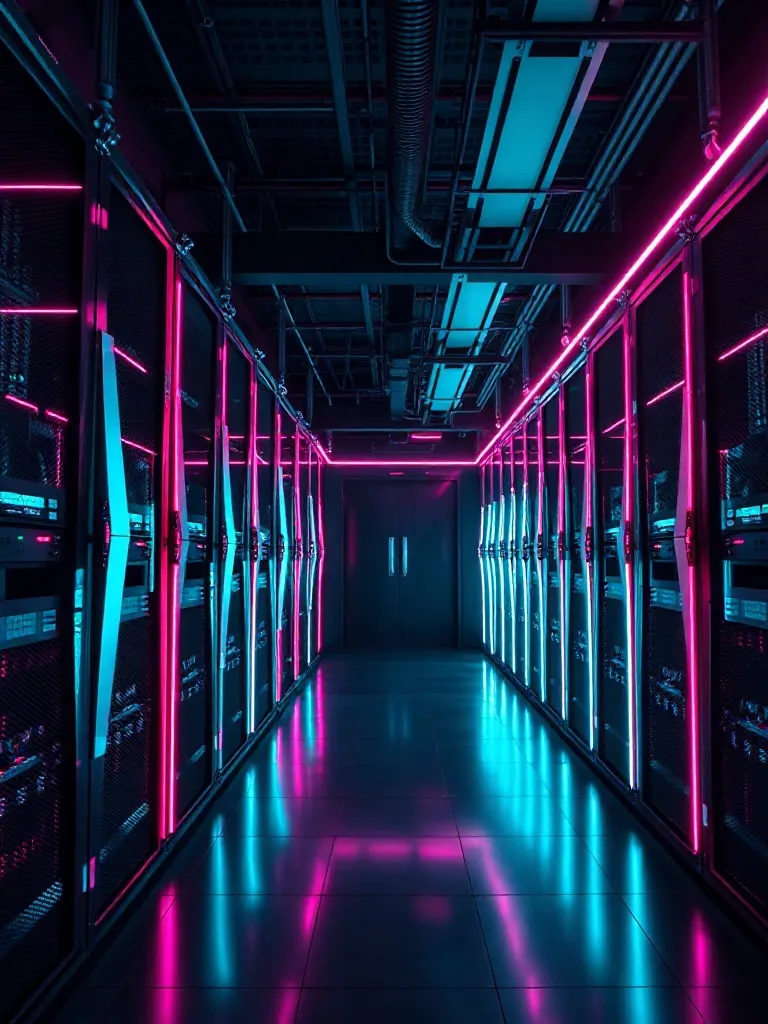 Cinematic wide shot of a futuristic server room with magenta