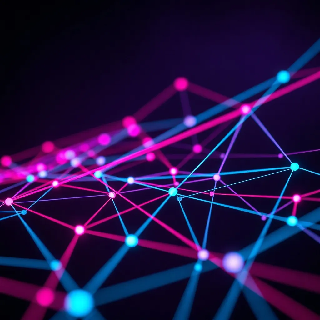 Abstract digital network visualization with magenta and cyan