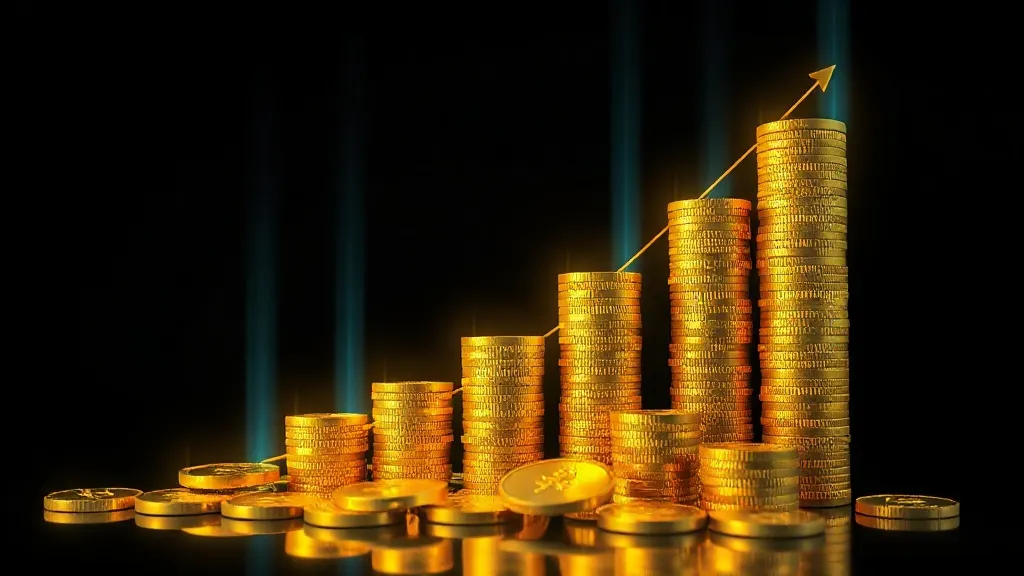 Abstract 3D visualization of golden coins and cyan light bea