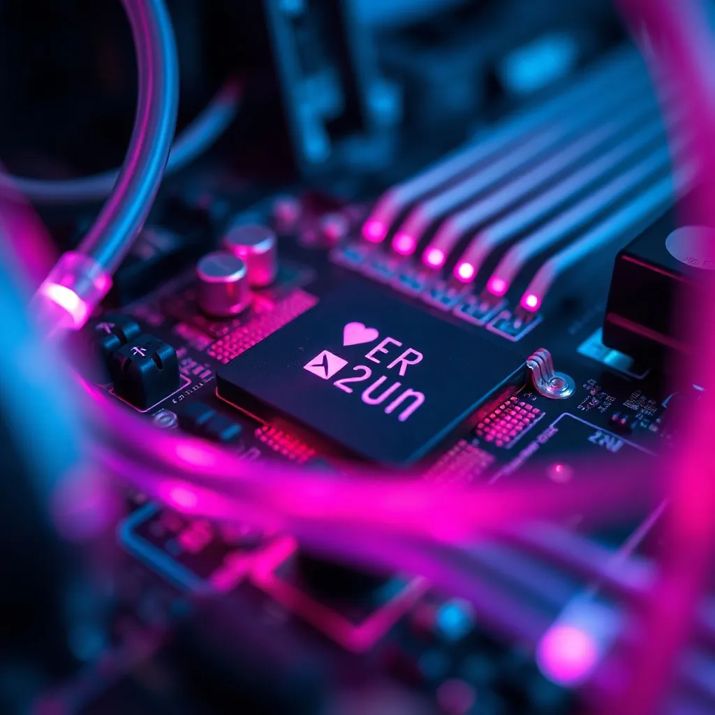 Macro photography of a computer chip with glowing fiber opti
