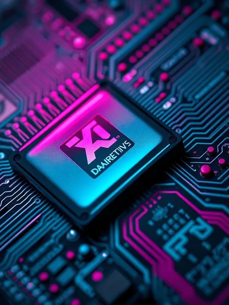 Close-up of a high-end computer chip with glowing magenta an
