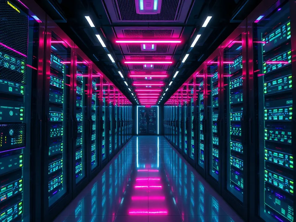 Abstract high-tech server room with glowing neon cyan and ma